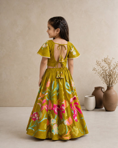 Girls Mehndi Green Floral Lehenga Choli Set