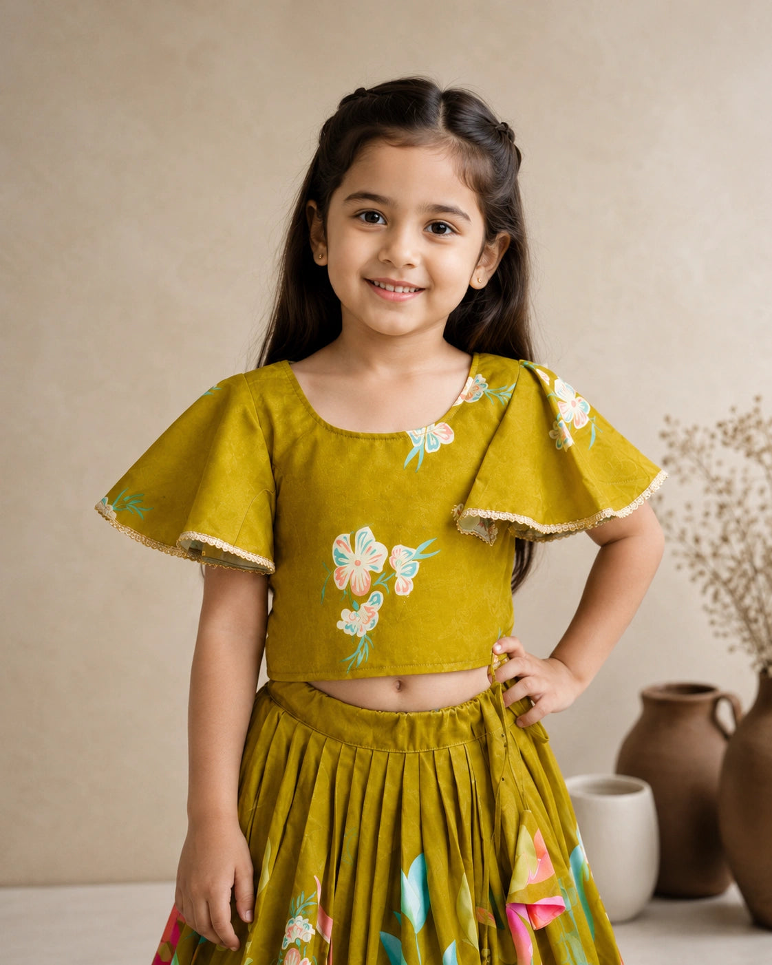 Girls Mehndi Green Floral Lehenga Choli Set