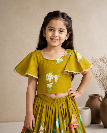 Girls Mehndi Green Floral Lehenga Choli Set