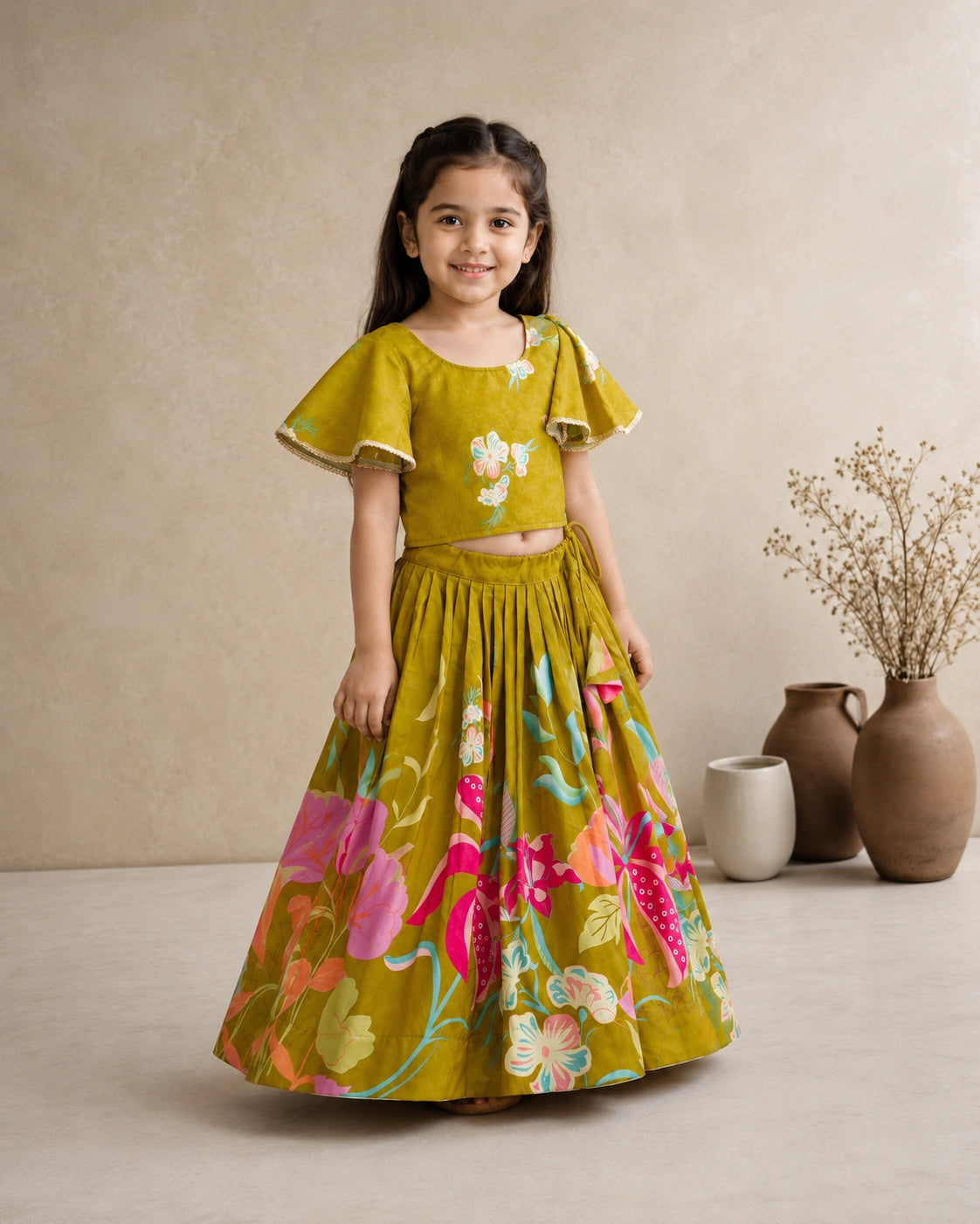 Girls Mehndi Green Floral Lehenga Choli Set