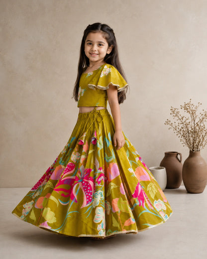 Girls Mehndi Green Floral Lehenga Choli Set