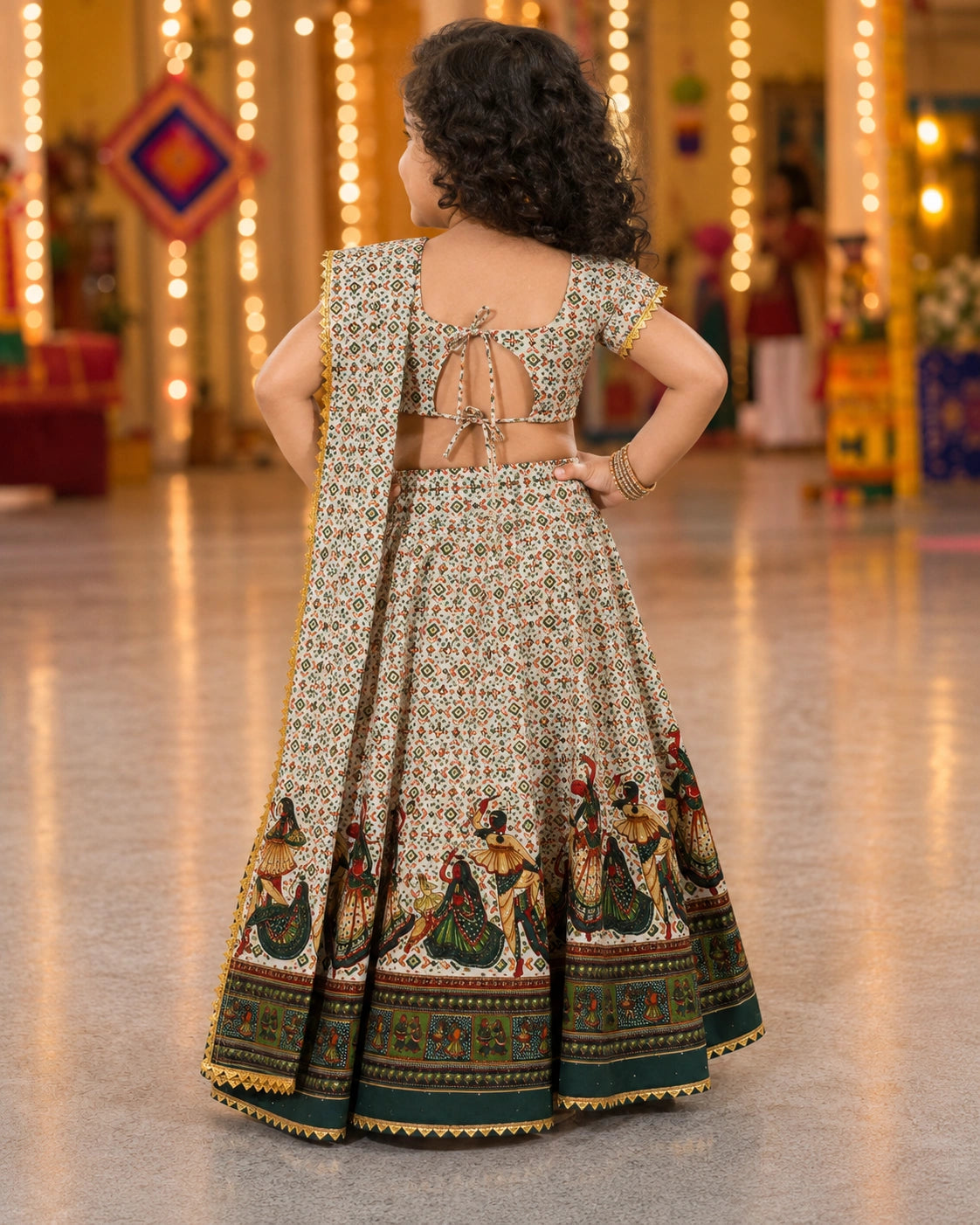 Cream Methi Dandiya Lehenga Choli - Girl Smiling Front View at Garba