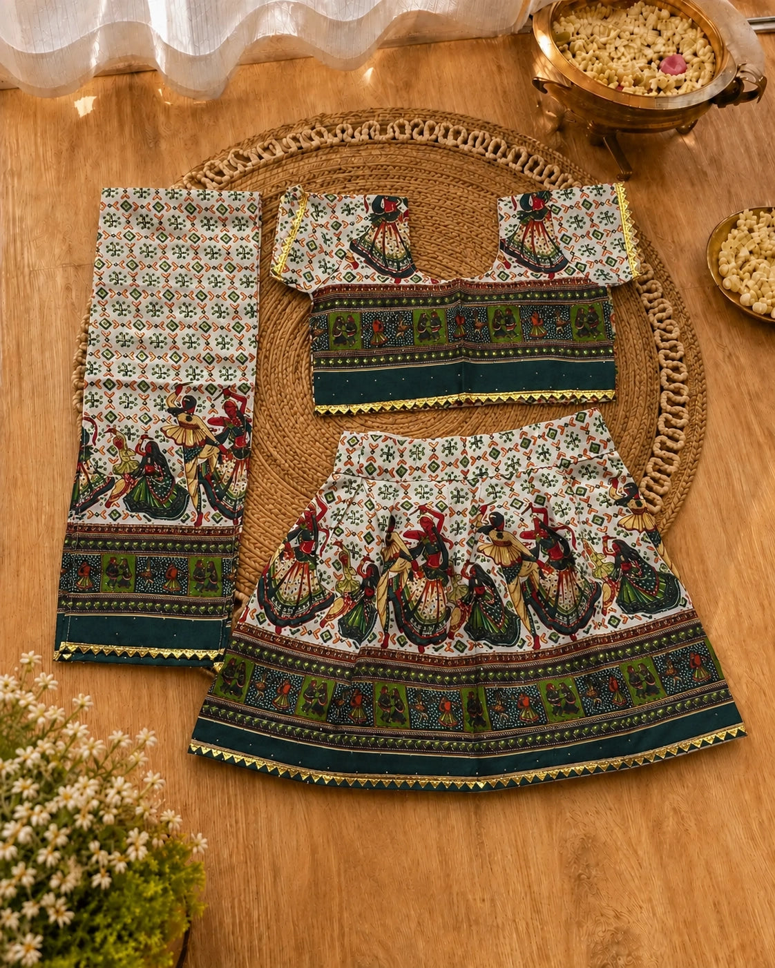 Cream Methi Dandiya Lehenga Choli - Flat Lay on Rattan Tray