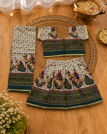 Cream Methi Dandiya Lehenga Choli - Flat Lay on Rattan Tray