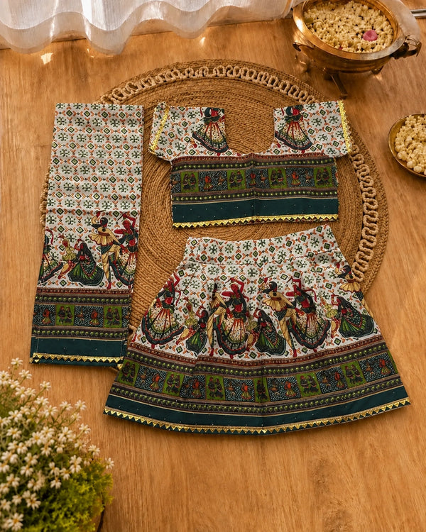Cream Methi Dandiya Lehenga Choli - Flat Lay on Rattan Tray