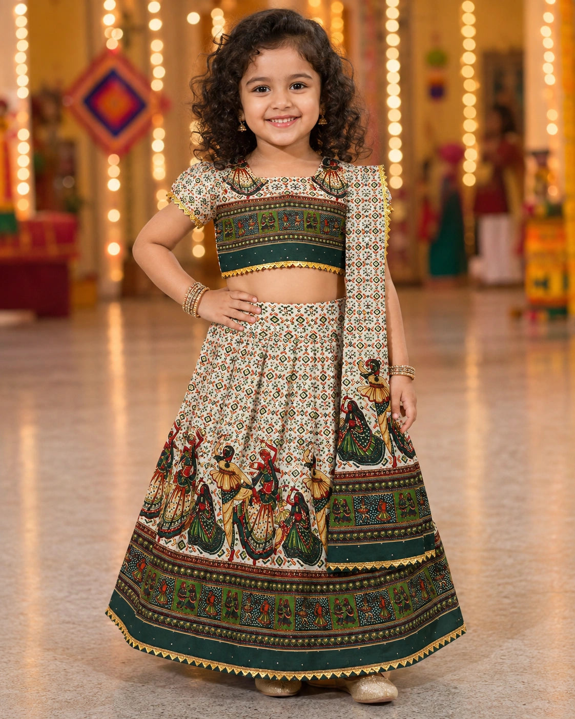 Cream Methi Dandiya Lehenga Choli - Girl Back View at Garba