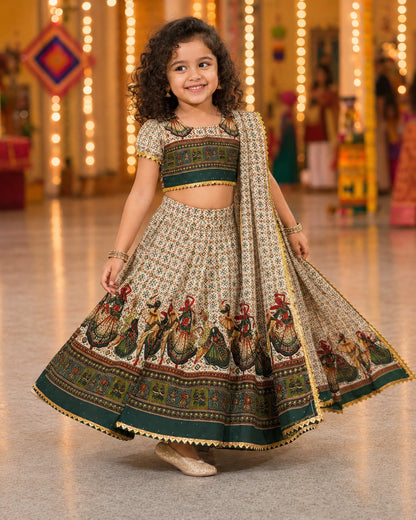Cream Methi Dandiya Lehenga Choli - Girl Twirling at Garba