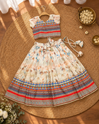Girls Cream Printed Lehenga Choli Set with Dupatta