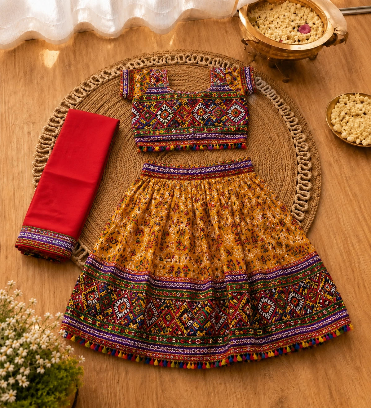 Mustard Kaju Katri Patola Lehenga Choli Set with Red Dupatta