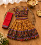 Mustard Kaju Katri Patola Lehenga Choli Set with Red Dupatta
