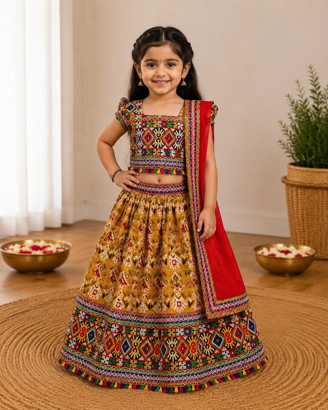 Mustard Kaju Katri Patola Lehenga Choli Set with Red Dupatta