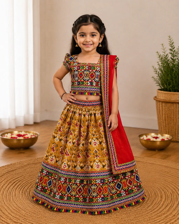 Mustard Kaju Katri Patola Lehenga Choli - Girl Back View