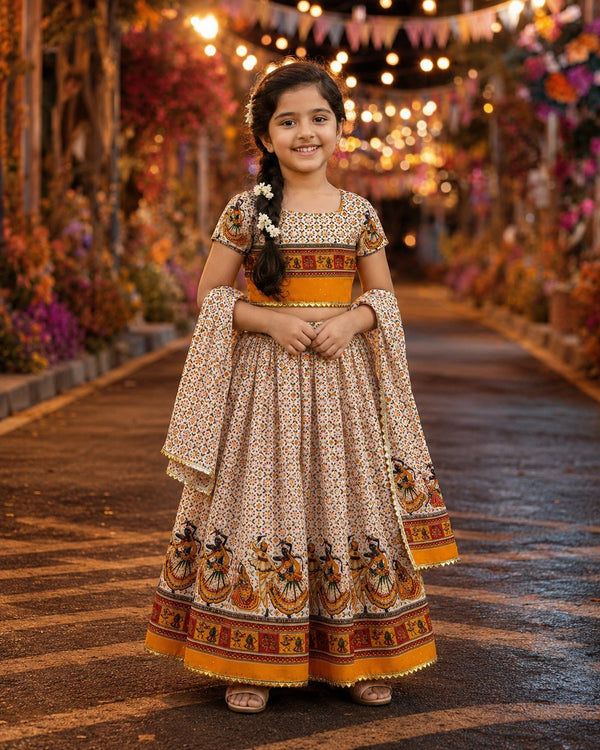 Orange Dandiya Print Lehenga Choli - Girl Front View