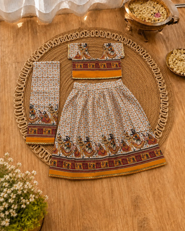 Orange Dandiya Print Lehenga Choli - Girl Twirling