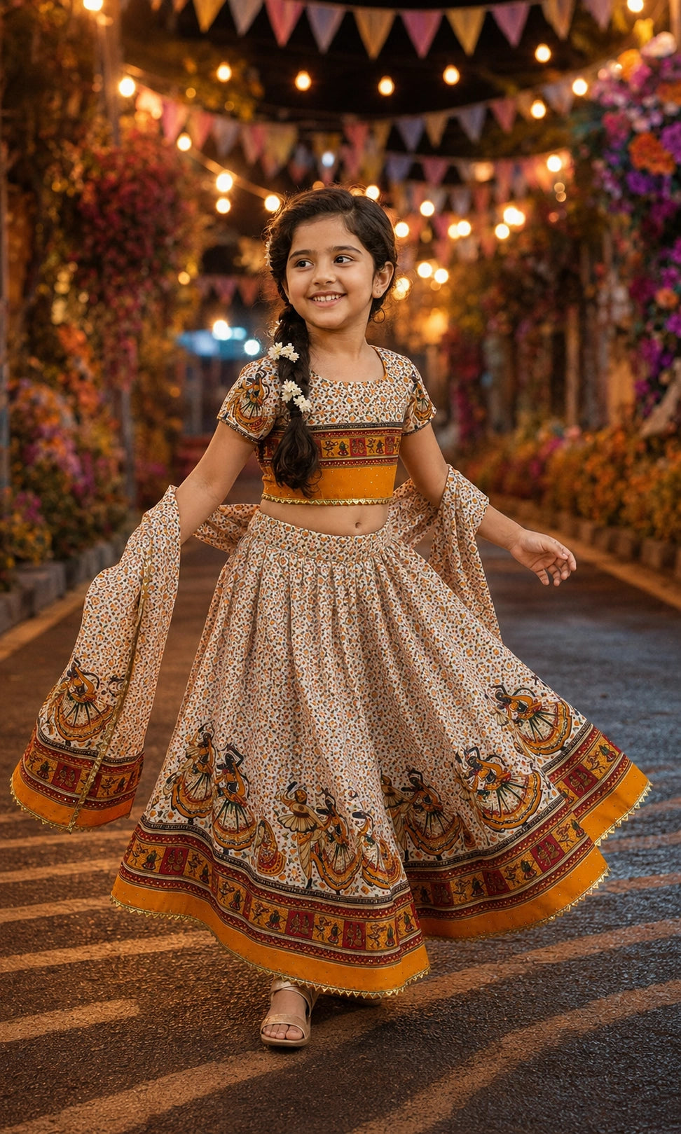 Orange Dandiya Print Lehenga Choli - Girl Back View