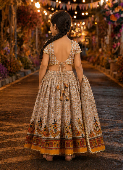 Orange Dandiya Print Lehenga Choli - Flat Lay on Rattan Tray