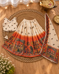 Girls Cream & Orange Printed Lehenga Choli Set with Dupatta
