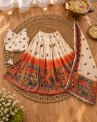 Girls Cream & Orange Printed Lehenga Choli Set with Dupatta