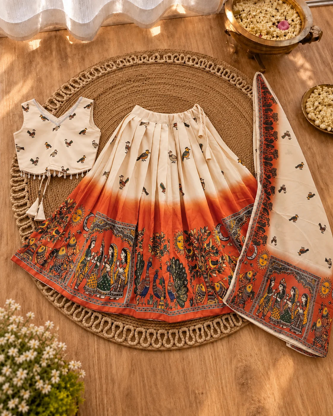 Girl wearing a cream and orange girls lehenga choli set