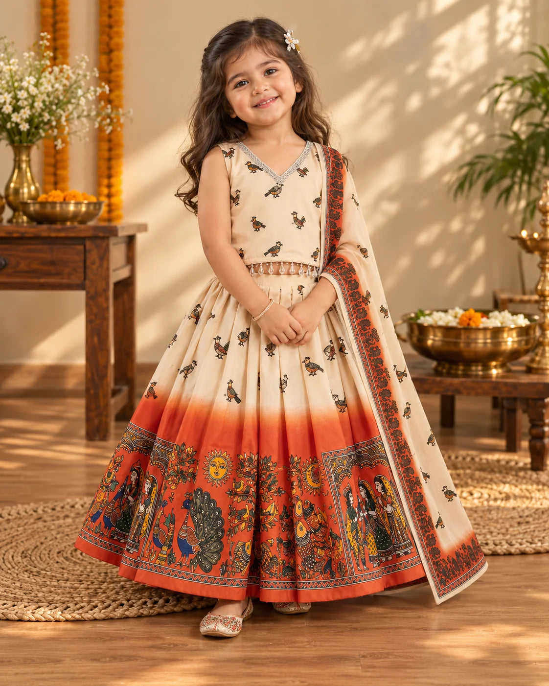 Cream and orange printed girls lehenga choli set displayed flat