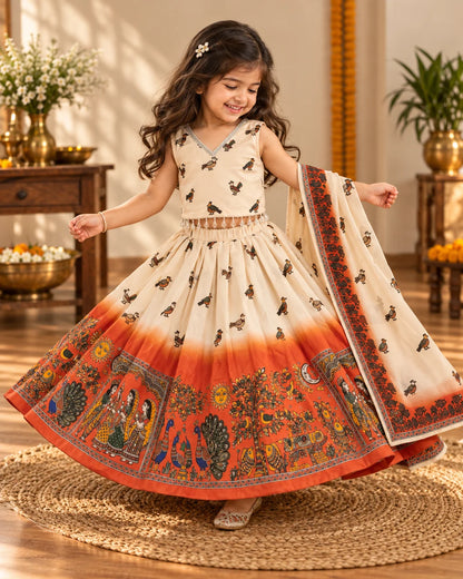 Girl wearing a cream and orange lehenga choli set with dupatta