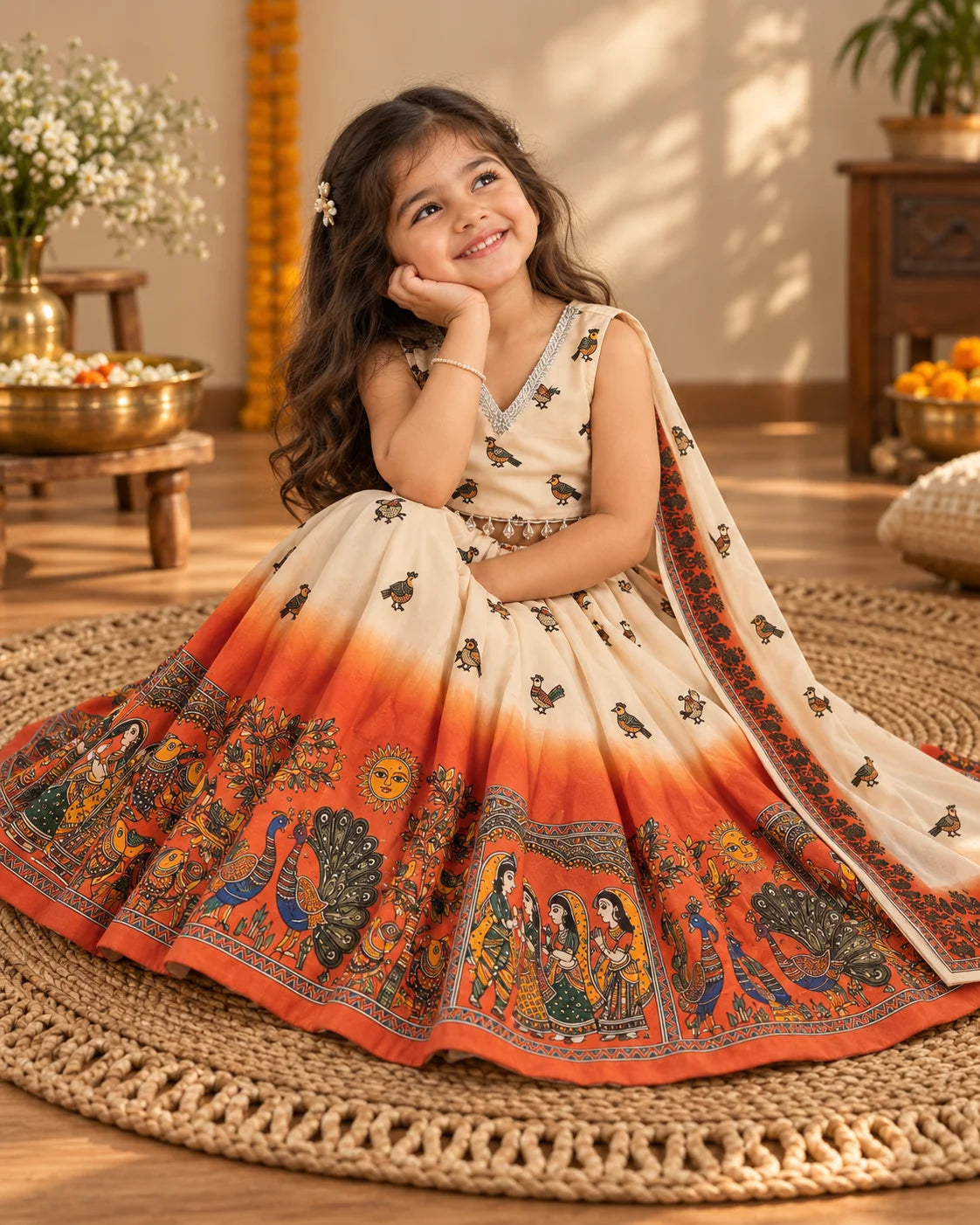 Girl twirling in a cream and orange printed lehenga choli set