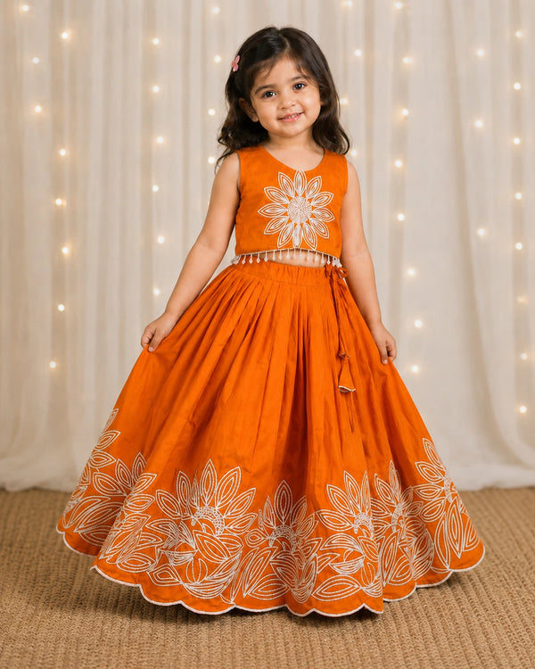 Girls Floral Embroidered Lehenga Choli Set - Rust Orange