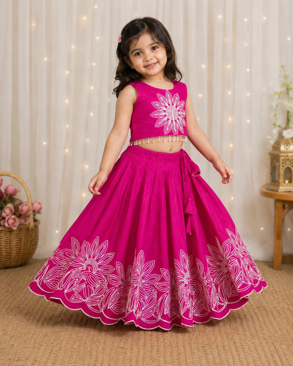 Girls Floral Embroidered Lehenga Choli Set - Rani Pink