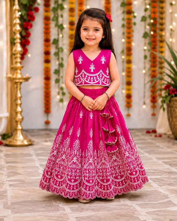 Girls Designer Embroidered Lehenga Choli Set - Rani Pink