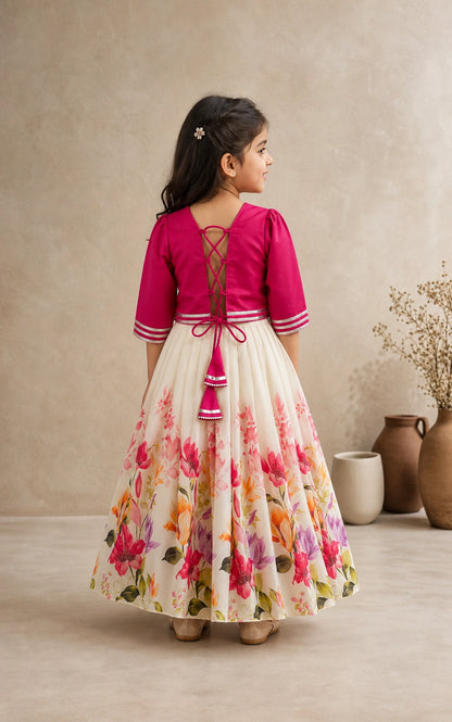 Girls Floral Lehenga Choli Set - Pink