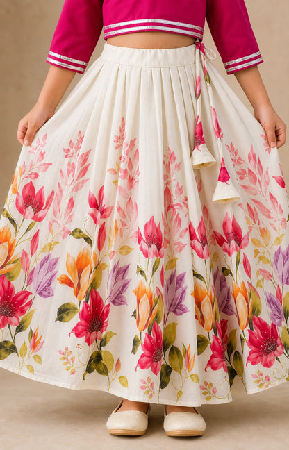 Girls Floral Lehenga Choli Set - Pink