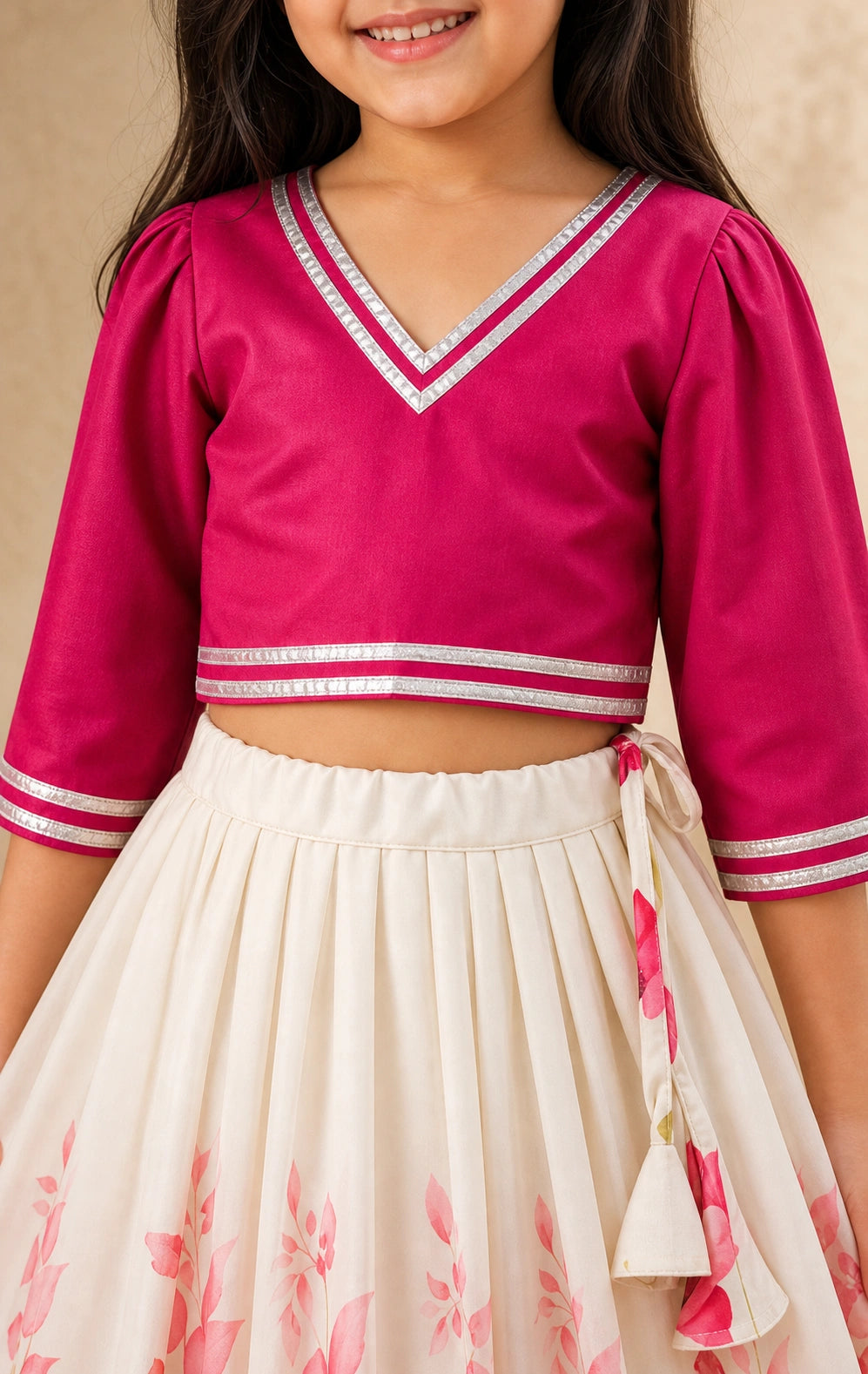 Girls Floral Lehenga Choli Set - Pink