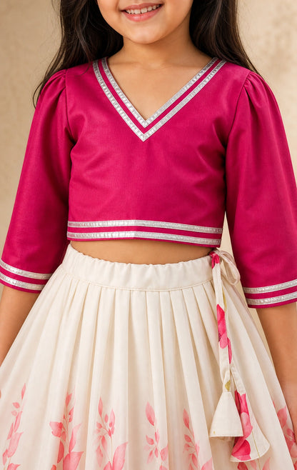 Girls Floral Lehenga Choli Set - Pink