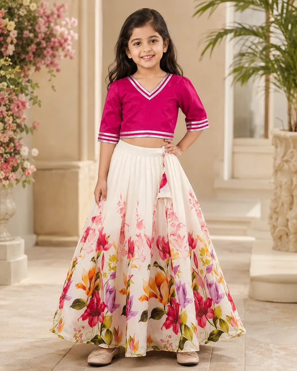 Girls Floral Lehenga Choli Set - Pink