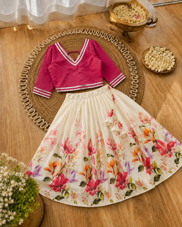 Girls Floral Lehenga Choli Set - Pink