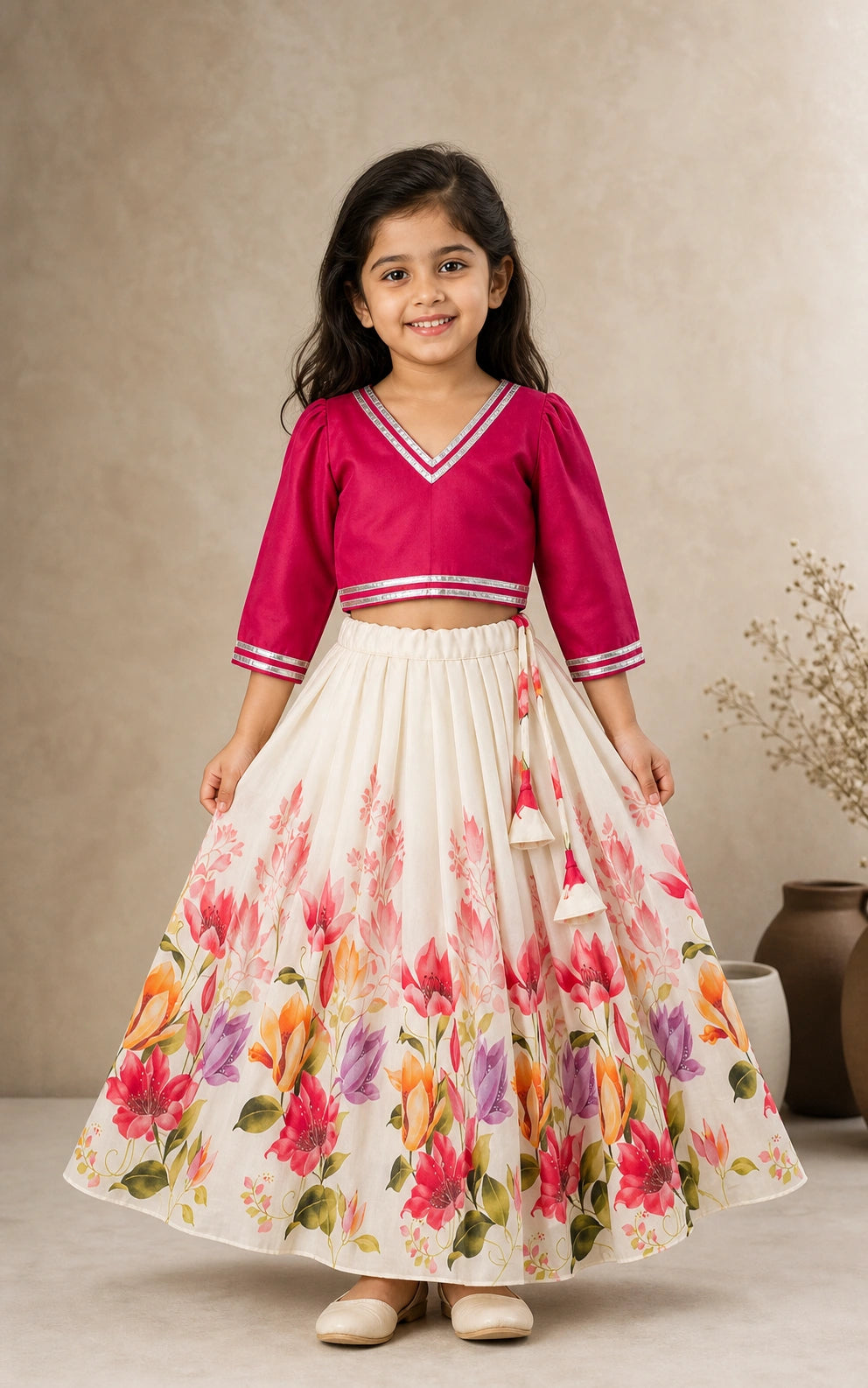 Girls Floral Lehenga Choli Set - Pink