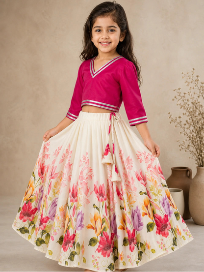 Girls Floral Lehenga Choli Set - Pink
