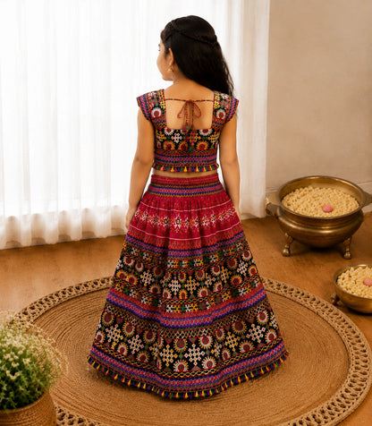 Black Multicolor Embroidered Lehenga Choli - Girl Back View