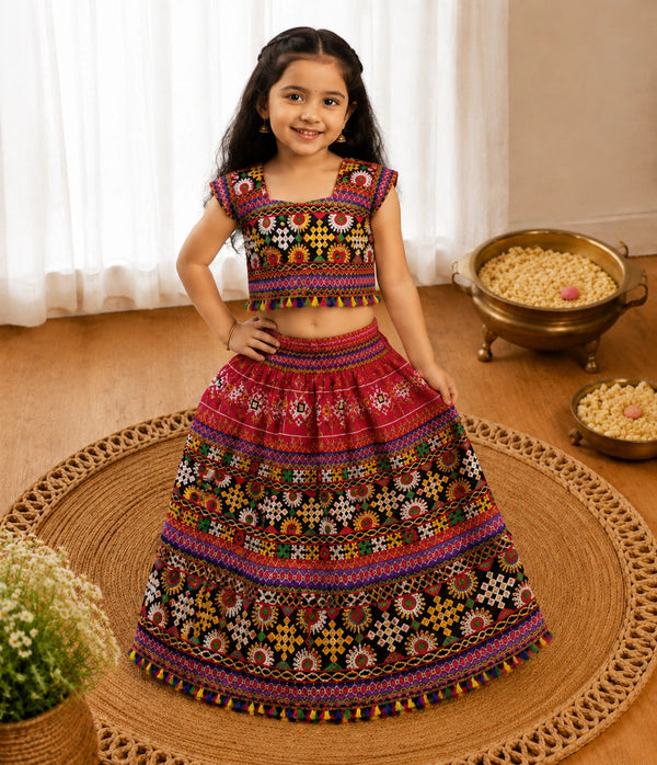 Black Multicolor Embroidered Lehenga Choli - Flat Lay on Rattan Tray with Navy Dupatta