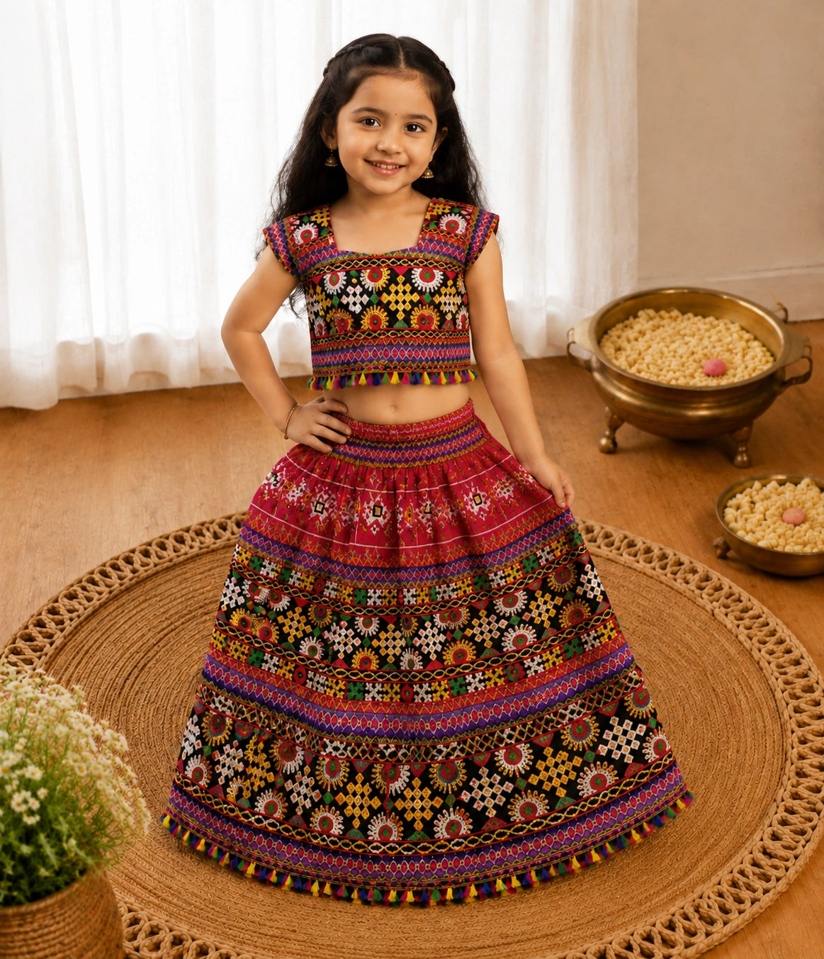 Black Multicolor Embroidered Lehenga Choli - Flat Lay on Rattan Tray with Navy Dupatta