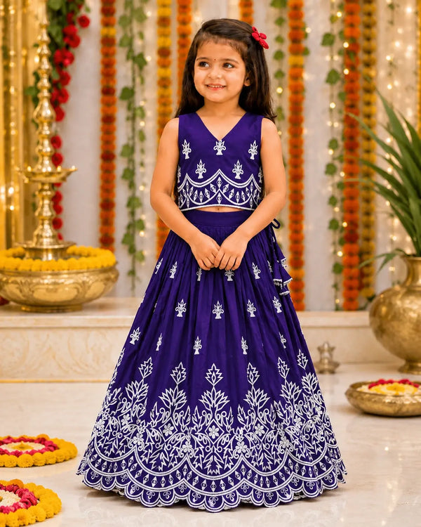 Girls Designer Embroidered Lehenga Choli Set - Royal Purple