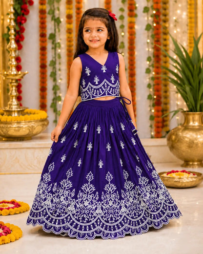 Girls Designer Embroidered Lehenga Choli Set - Royal Purple