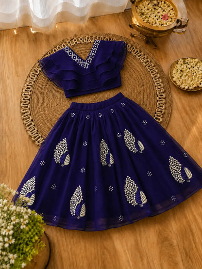 Girls Lehenga Choli Set Layered Ruffle Blouse - Royal Navy Blue