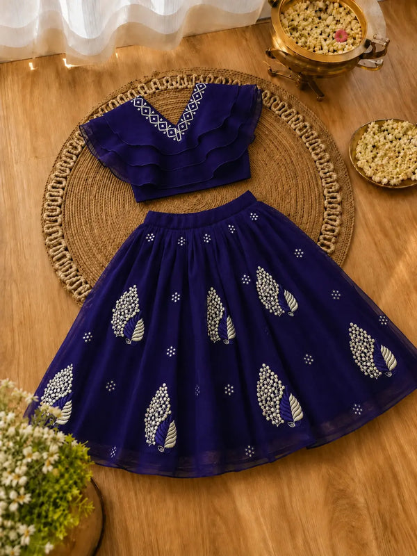 Girls Lehenga Choli Set Layered Ruffle Blouse - Royal Navy Blue
