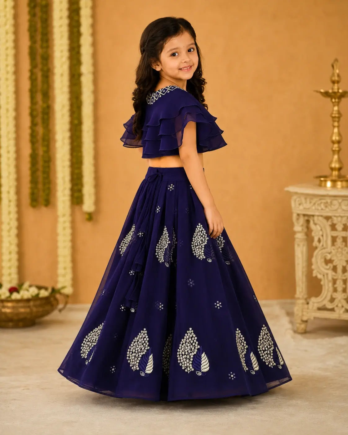 Girls Lehenga Choli Set Layered Ruffle Blouse - Royal Navy Blue