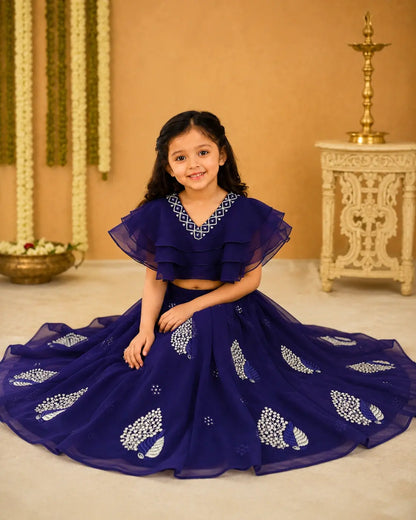 Girls Lehenga Choli Set Layered Ruffle Blouse - Royal Navy Blue