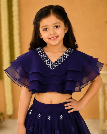 Girls Lehenga Choli Set Layered Ruffle Blouse - Royal Navy Blue