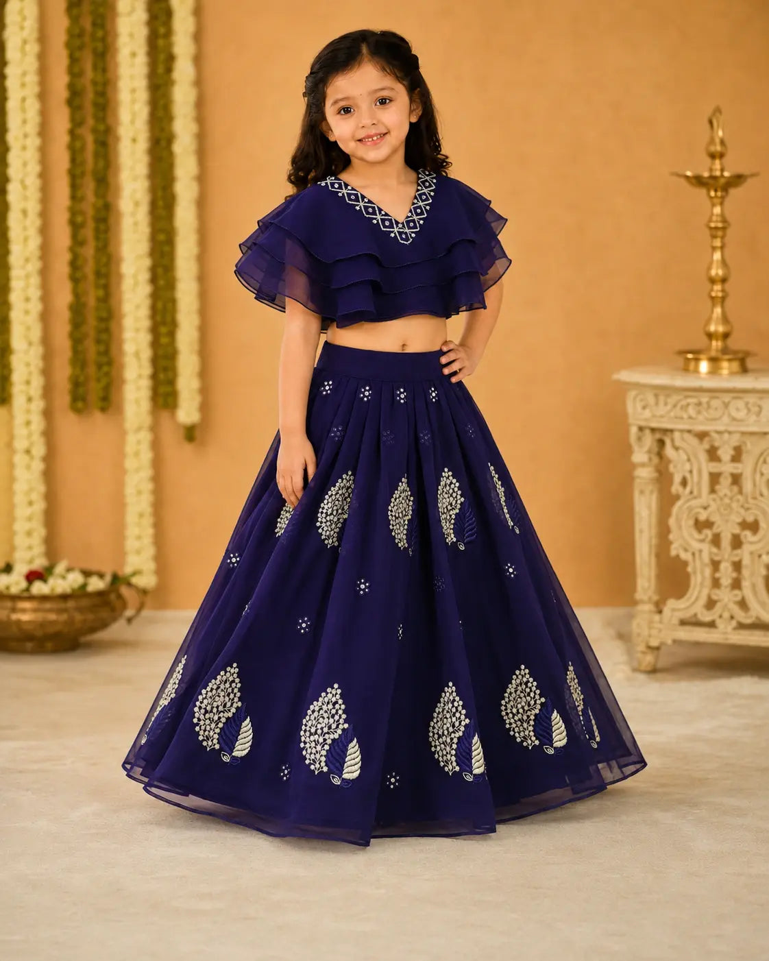 Girls Lehenga Choli Set Layered Ruffle Blouse - Royal Navy Blue