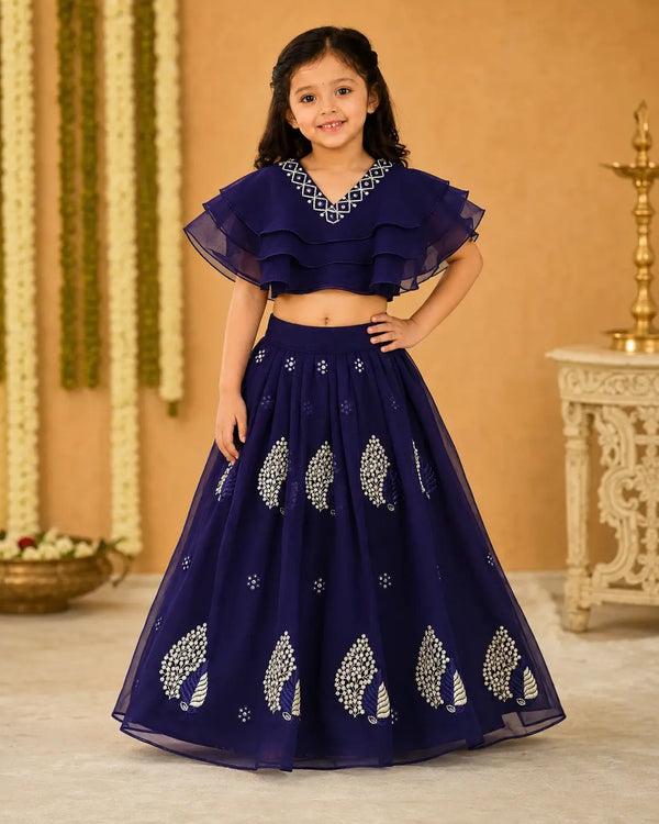 Girls Lehenga Choli Set Layered Ruffle Blouse - Royal Navy Blue