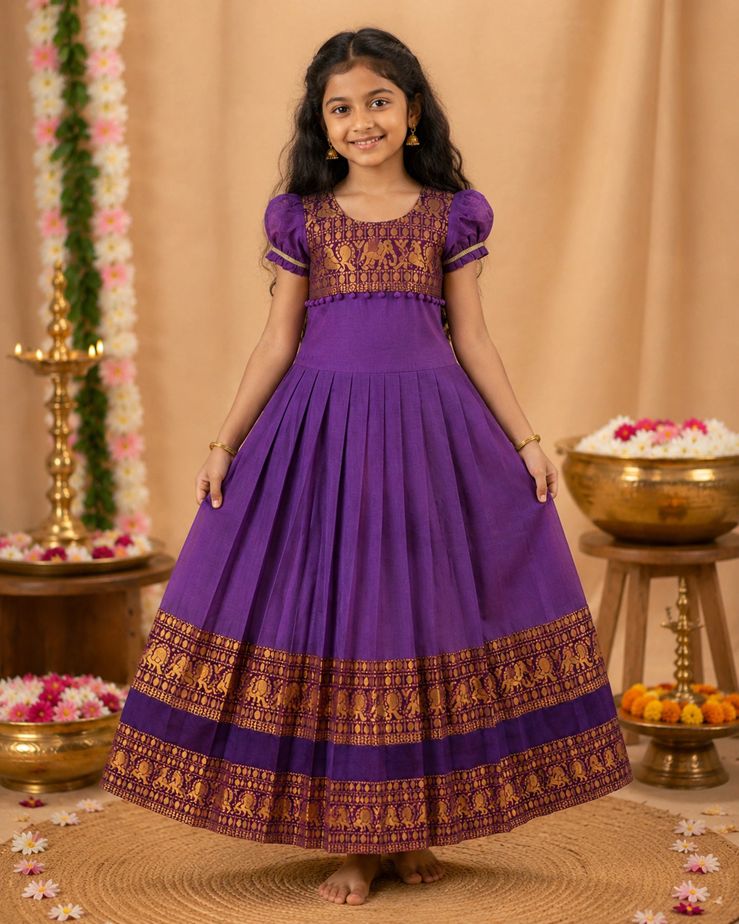 Girls Purple Traditional Pattu Style Frock